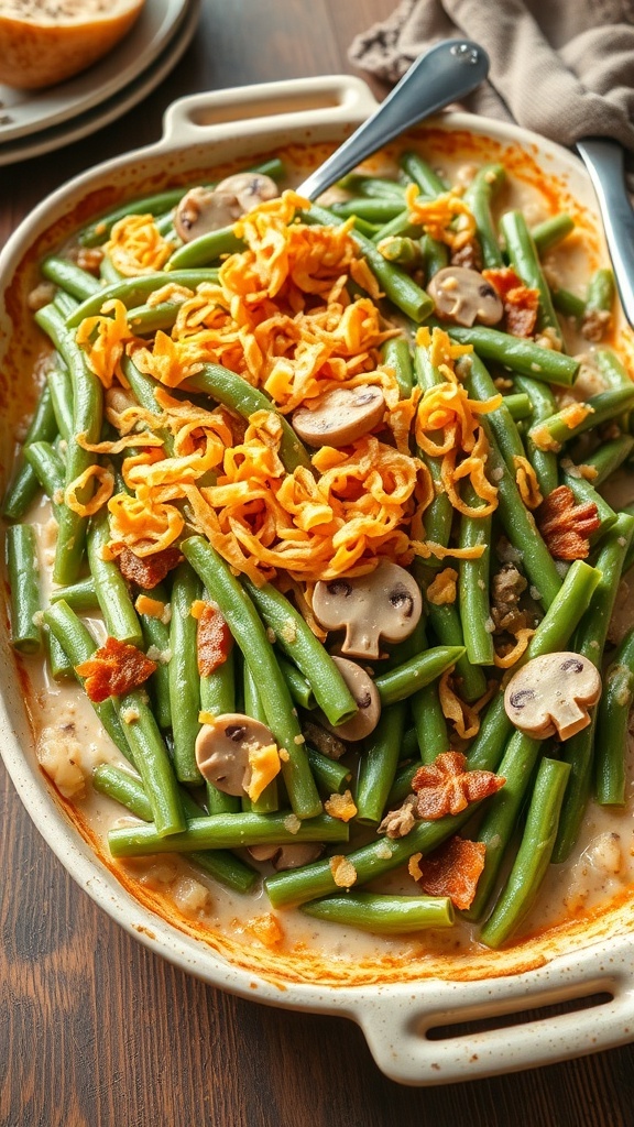 A classic green bean casserole with green beans, mushroom sauce, and fried onions in a baking dish.